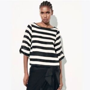 NWT Elegant Linen Zara Black Stripped Top Sz M